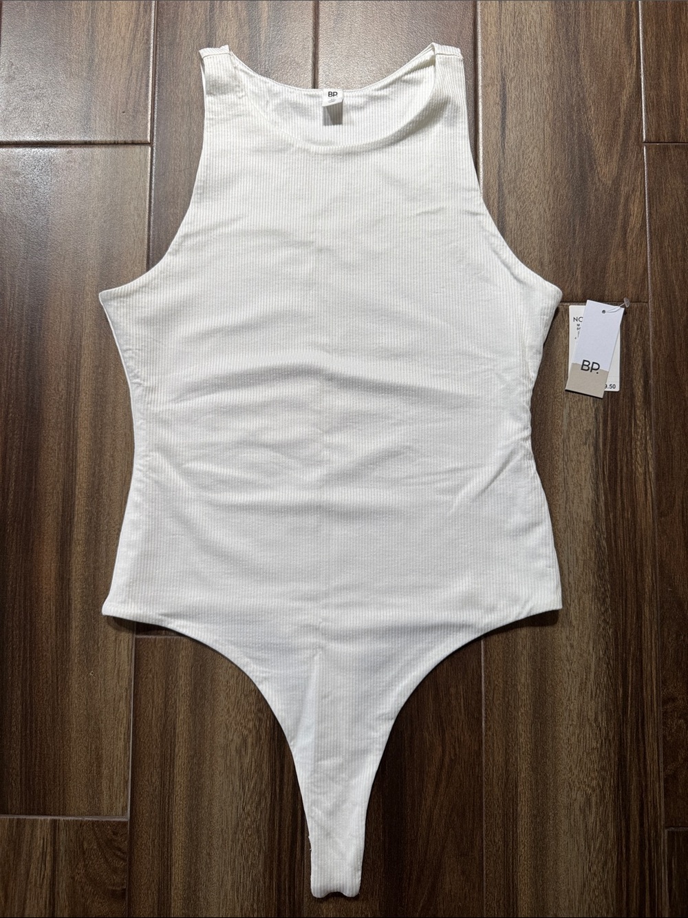 NWT Nordstrom BP White Ribbed High Neck Bodysuit in Ivory Tofu Medium
